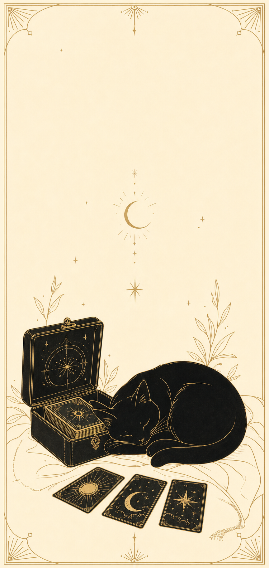 Illustrated black cat sleeping beside an open tarot deck box and three cards, under a crescent moon, in gold linework