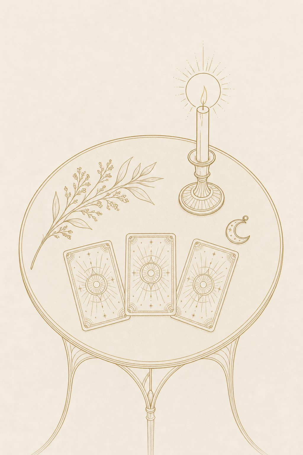 Illustrated gold linework tarot table with three cards, a candle, and a crescent moon charm