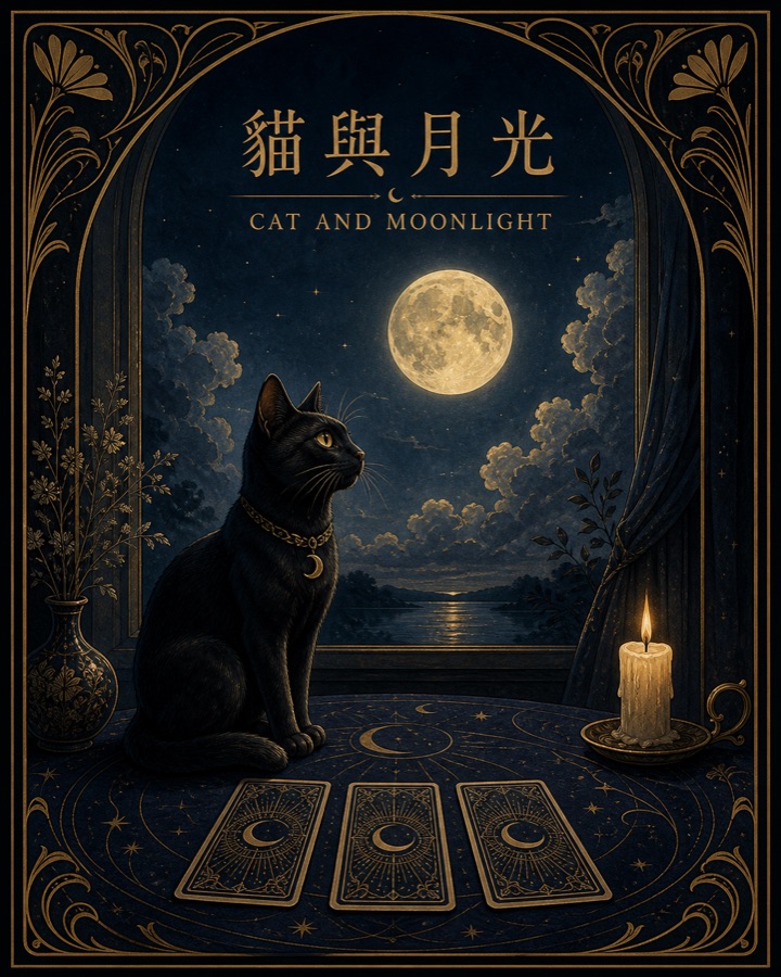 Cat & Moonlight poster — a black cat under a golden moon in Art Nouveau style, midnight blue and antique gold